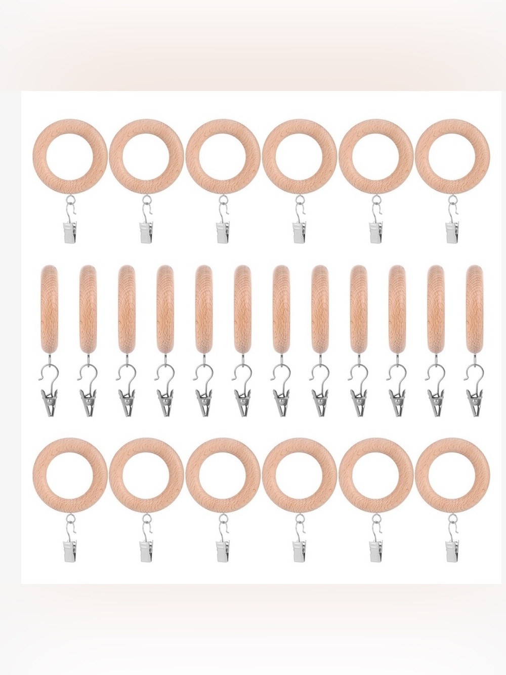 Farmhouse Drapery Beech Wood Curtain Rod Rings 24Pcs. - NATURAL